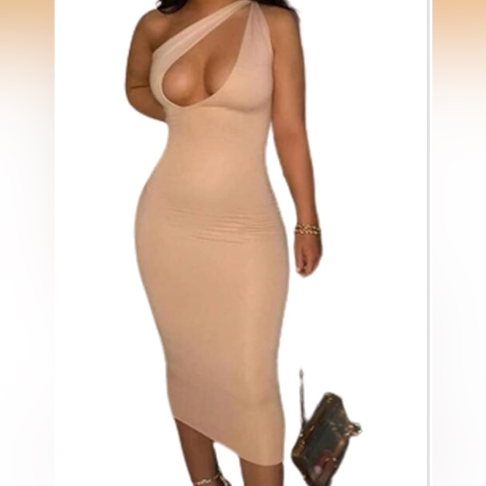 One-Shoulder Cutout Bodycon Dress - Nude